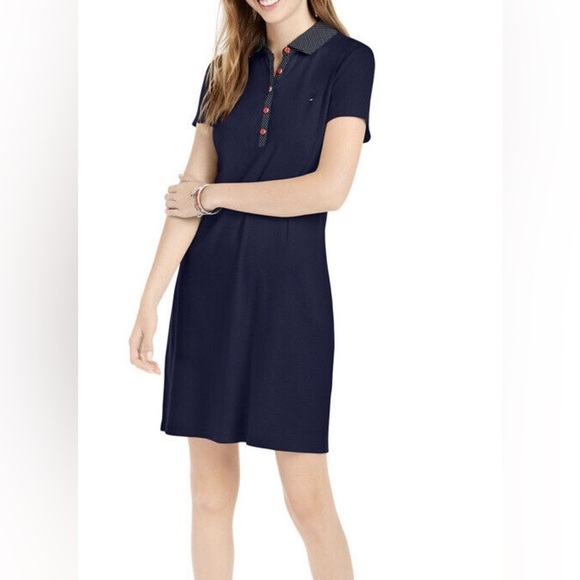 Tommy Hilfiger Polo Dress Womens Large Navy Tennis Preppy Polka Dot Collar‎ - Picture 2 of 12